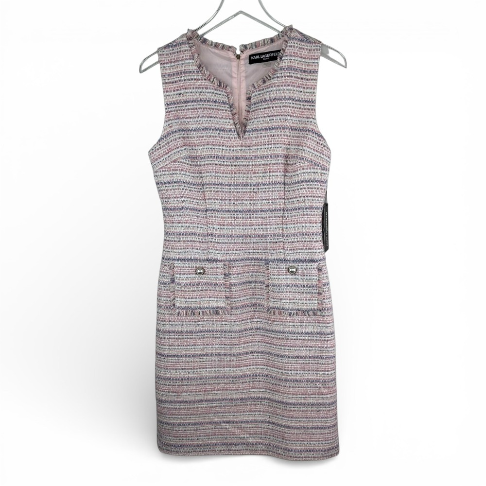 KARL LAGERFELD PARIS Tweed Fringe V Neck Sheath Dress Pink Sleeveless  Size‎ 6